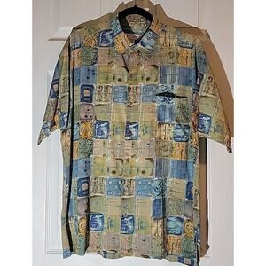 Vintage Tori Richard HAWAIIAN Medium Blue Green Scrapbook Button Up